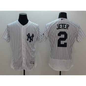 Yankees #2 Derek Jeter White Strip Flexbase Authentic Collection Name On Back Stitched MLB Jersey