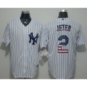 Yankees #2 Derek Jeter White Strip USA Flag Fashion Stitched MLB Jersey
