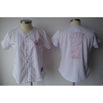 Yankees #2 Derek Jeter White With Pink Strip Women's Fashion Stitched MLB Jersey Yankees #2 Derek Jeter White With Pink Strip Women's Fashion Stitched MLB Jersey