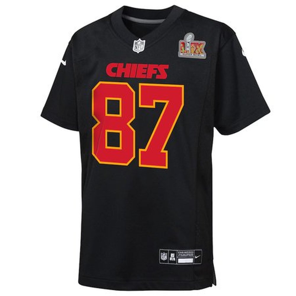 Youth Kansas City Chiefs #87 Travis Kelce Carbon Black Super Bowl LIX Patch Fashion Game Jersey