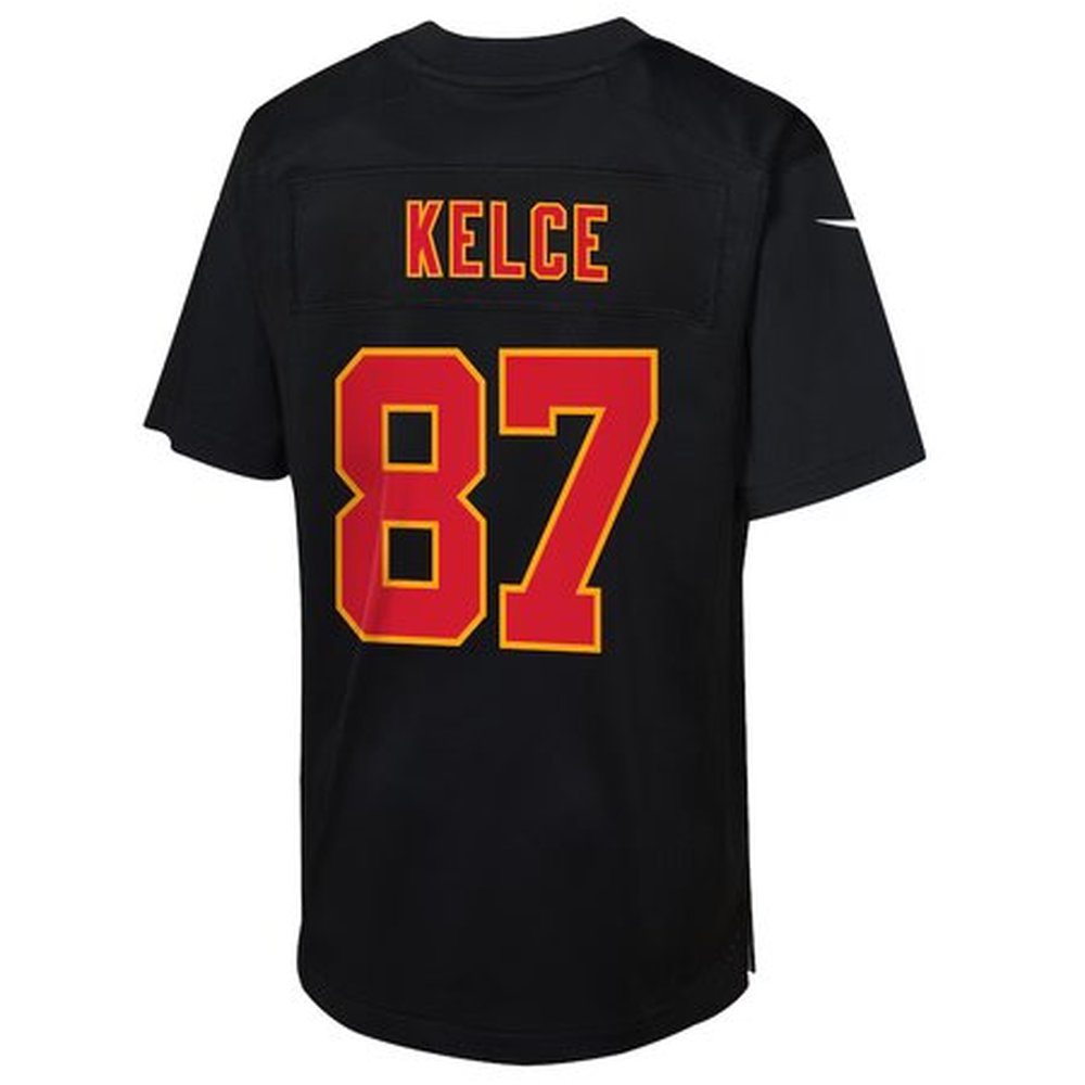 Youth Kansas City Chiefs #87 Travis Kelce Carbon Black Super Bowl LIX Patch Fashion Game Jersey