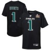 Youth Philadelphia Eagles #1 Jalen Hurts Carbon Black Super Bowl LIX Patch Fashion Game Player Jersey