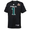 Youth Philadelphia Eagles #1 Jalen Hurts Carbon Black Super Bowl LIX Patch Fashion Game Player Jersey