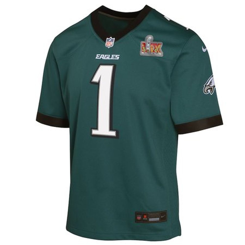 Youth Philadelphia Eagles #1 Jalen Hurts Midnight Green Super Bowl LIX Game Player Jersey Youth Philadelphia Eagles #1 Jalen Hurts Midnight Green Super Bowl LIX Game Player Jersey