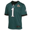 Youth Philadelphia Eagles #1 Jalen Hurts Midnight Green Super Bowl LIX Game Player Jersey