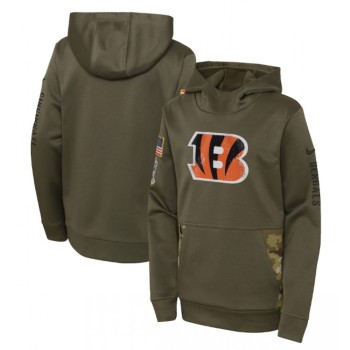 Youth Cincinnati Bengals 2022 Olive Salute to Service Therma Performance Pullover Hoodie Youth Cincinnati Bengals 2022 Olive Salute to Service Therma Performance Pullover Hoodie