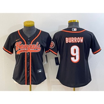Youth Cincinnati Bengals #9 Joe Burrow Black With Patch Cool Base Stitched Baseball Jersey Youth Cincinnati Bengals #9 Joe Burrow Black With Patch Cool Base Stitched Baseball Jersey