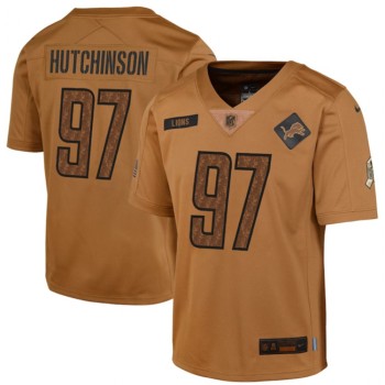 Youth Detroit Lions #97 Aidan Hutchinson 2023 Brown Salute To Service Limited Stitched Football Jersey Youth Detroit Lions #97 Aidan Hutchinson 2023 Brown Salute To Service Limited Stitched Football Jersey