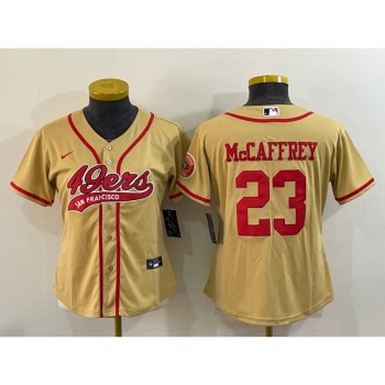 Youth San Francisco 49ers #23 Christian McCaffrey Gold With Patch Cool Base Stitched Baseball Jersey Youth San Francisco 49ers #23 Christian McCaffrey Gold With Patch Cool Base Stitched Baseball Jersey