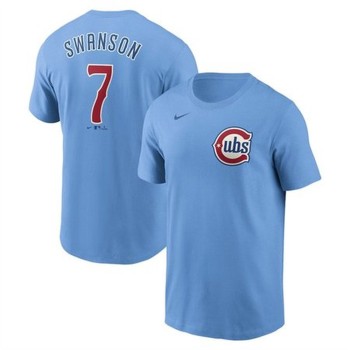 Men's Chicago Cubs #7 Dansby Swanson Baby Blue Fuse Name & Number T-Shirt Men's Chicago Cubs #7 Dansby Swanson Baby Blue Fuse Name & Number T-Shirt