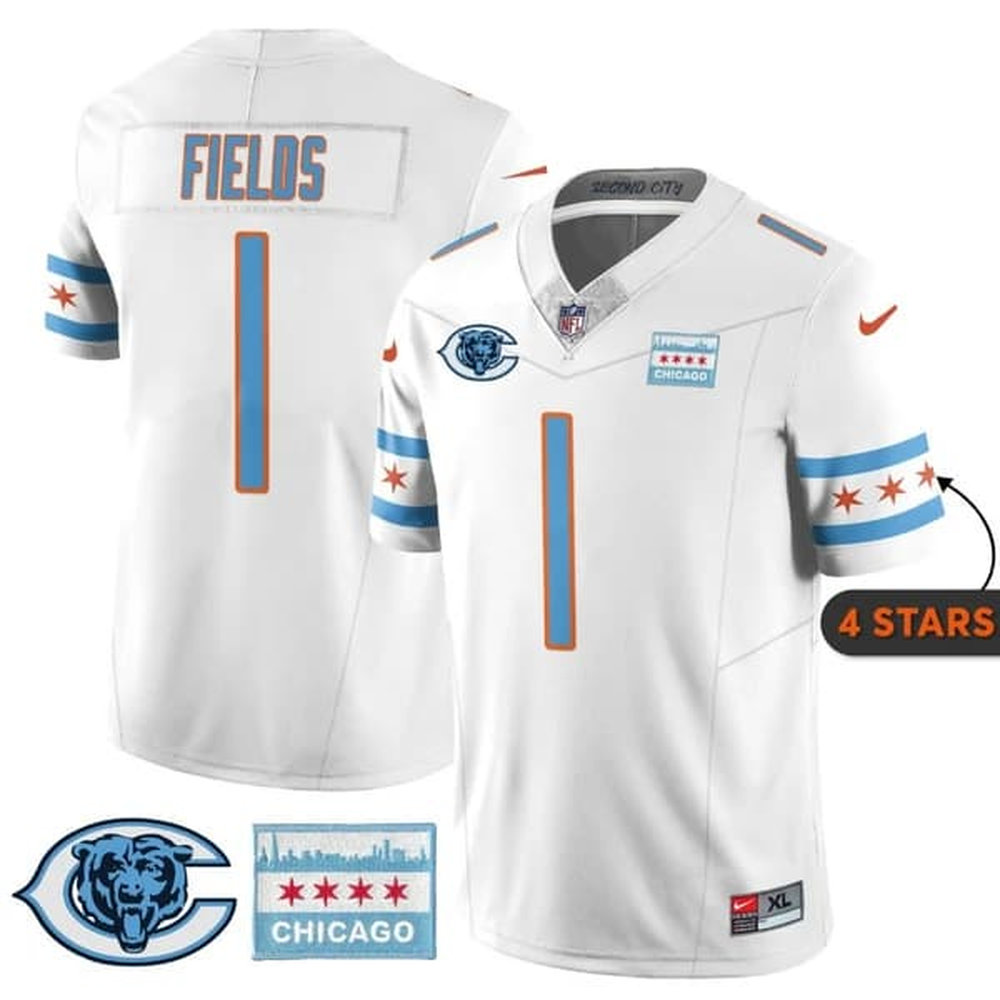 Youth Chicago Bears #1 Justin Fields White City Edition With Chicago Flag Vapor F.U.S.E. Untouchable Limited Jersey