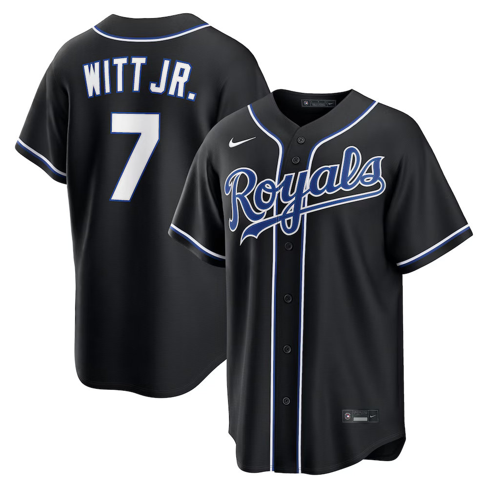 Men's Kansas City Royals #7 Bobby Witt Jr. Fashion Replica Black Out Jersey
