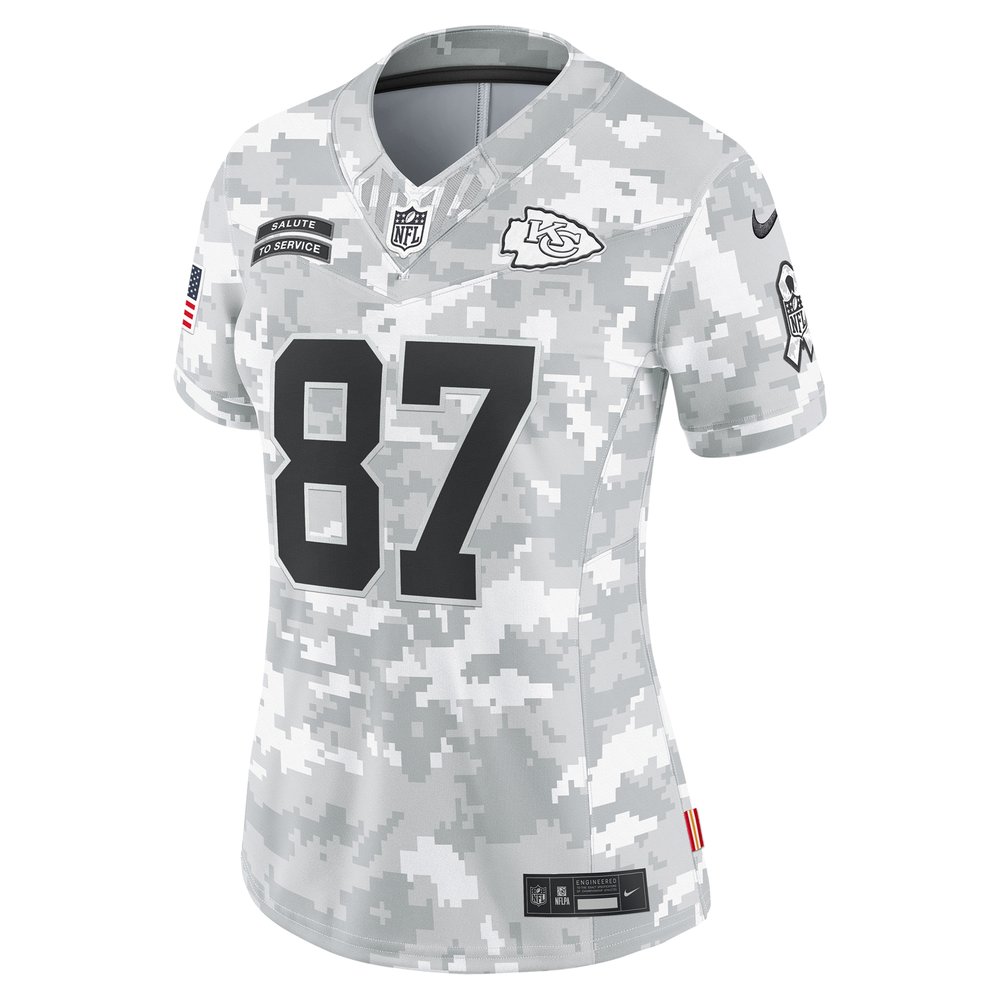 Women's Kansas City Chiefs #87 Travis Kelce Arctic Camo 2024 Salute to Service Limited Jersey