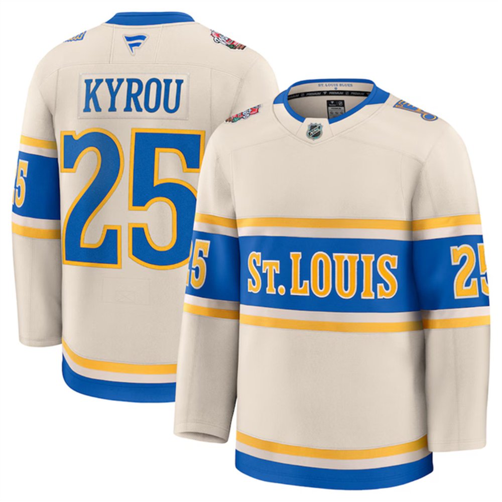 Men's St. Louis Blues #25 Jordan Kyrou Cream 2024-25 Winter Classic Stitched Hockey Premium Jersey Men's St. Louis Blues #25 Jordan Kyrou Cream 2024-25 Winter Classic Stitched Hockey Premium Jersey