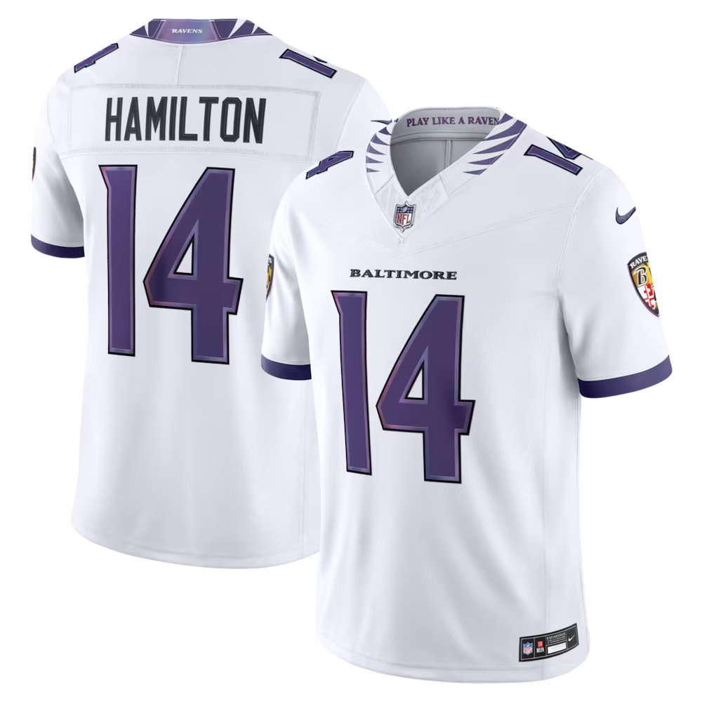 Men's Baltimore Ravens #14 Kyle Hamilton White Vapor F.U.S.E. Sewn Down Limited Jersey