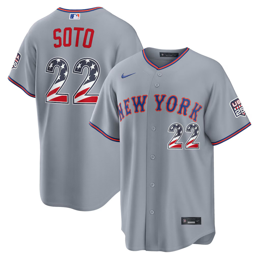 Men's New York Mets #22 Juan Soto Nike Gray USA 250 Fourth of July Road Stadium Jersey Men's New York Mets #22 Juan Soto Nike Gray USA 250 Fourth of July Road Stadium Jersey