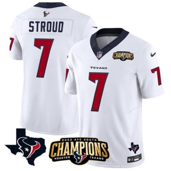 Men's Houston Texans #7 C.J. Stroud White 2023 F.U.S.E. AFC South Champions Patch And Team Logo Patch Vapor Untouchable Limited Stitched Football Jersey Men's Houston Texans #7 C.J. Stroud White 2023 F.U.S.E. AFC South Champions Patch And Team Logo Patch Vapor Untouchable Limited Stitched Football Jersey