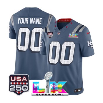 Youth New England Patriots Custom Blue Super Bowl LX Patch USA 250' Patch Rivalries Collection Vapor F.U.S.E. Limited Jersey