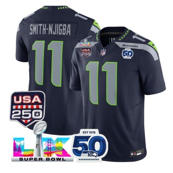 Men's Seattle Seahawks #11 Jaxon Smith-Njigba Navy Super Bowl LX Patch 50th Season & USA 250' Patch Vapor F.U.S.E. Limited Jersey
