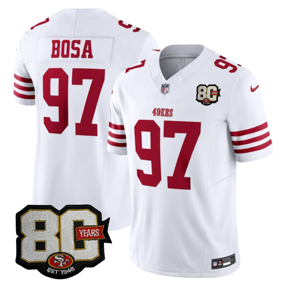 Men's San Francisco 49ers #97 Nick Bosa White 80 Anniversary Vapor F.U.S.E. Limited Jersey