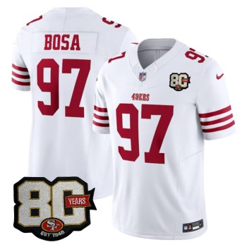 Men's San Francisco 49ers #97 Nick Bosa White 80 Anniversary Vapor F.U.S.E. Limited Jersey Men's San Francisco 49ers #97 Nick Bosa White 80 Anniversary Vapor F.U.S.E. Limited Jersey