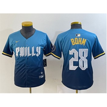 Youth Philadelphia Phillies #28 Alec Bohm Blue 2024 City Connect Limited Stitched Baseball Jersey
