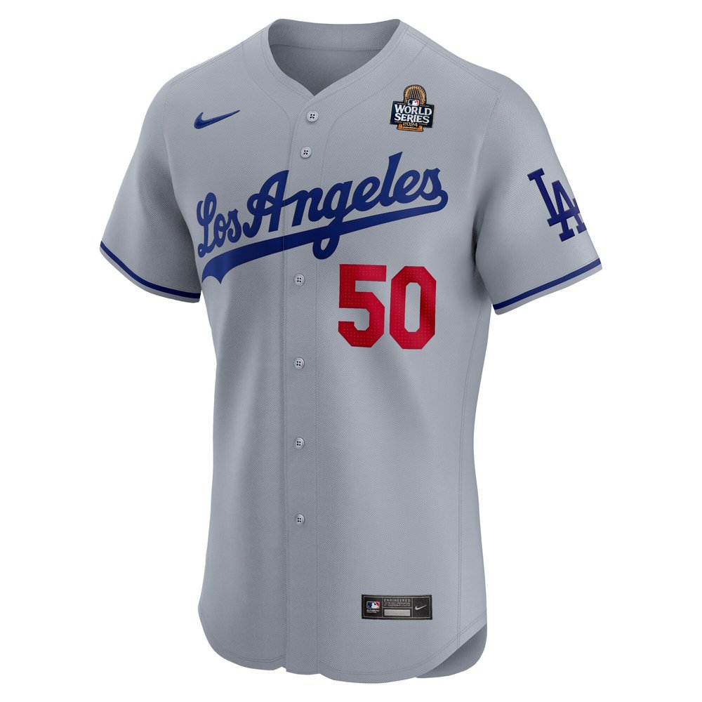 Men's Los Angeles Dodgers #50 Mookie Betts Gray 2024 World Series Road Elite Player Jersey Men's Los Angeles Dodgers #50 Mookie Betts Gray 2024 World Series Road Elite Player Jersey