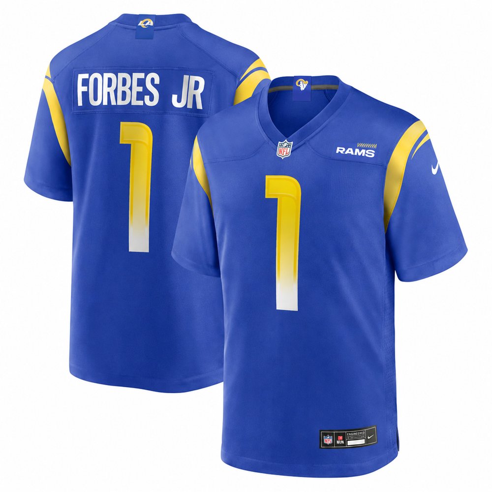 Youth Los Angeles Rams #1 Emmanuel Forbes Jr. Royal Stitched Football Game Jersey
