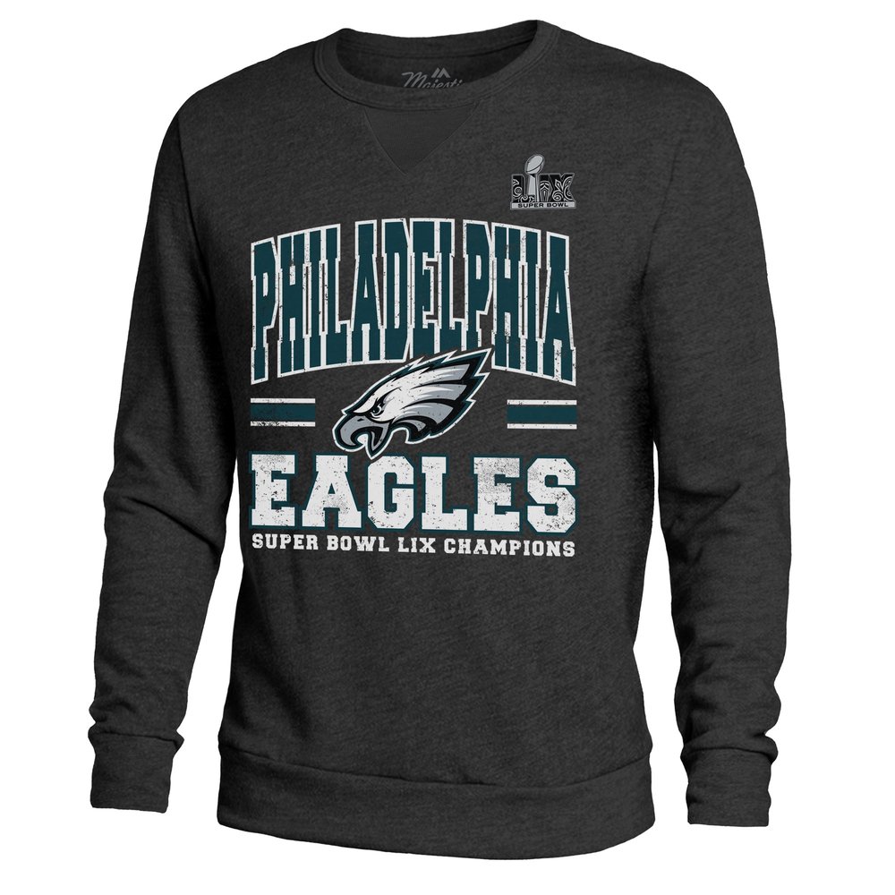 Men's Philadelphia Eagles Threads Black Super Bowl LIX Champions Big Chalk Stripe Tri-Blend Fleece Sweatshirt