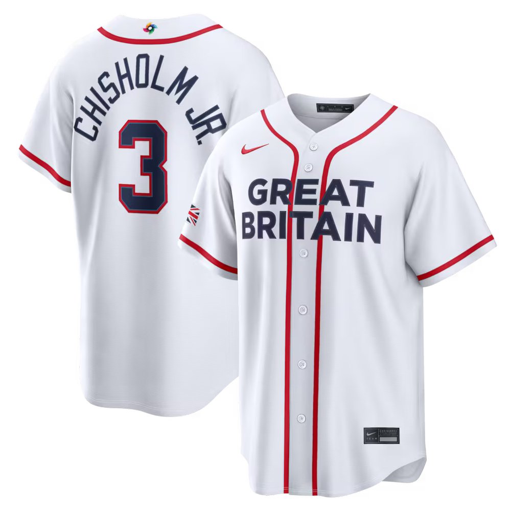 Men's Great Britain Baseball #3 Jazz Chisholm Jr. White 2026 World Baseball Classic Home Stadium Jersey