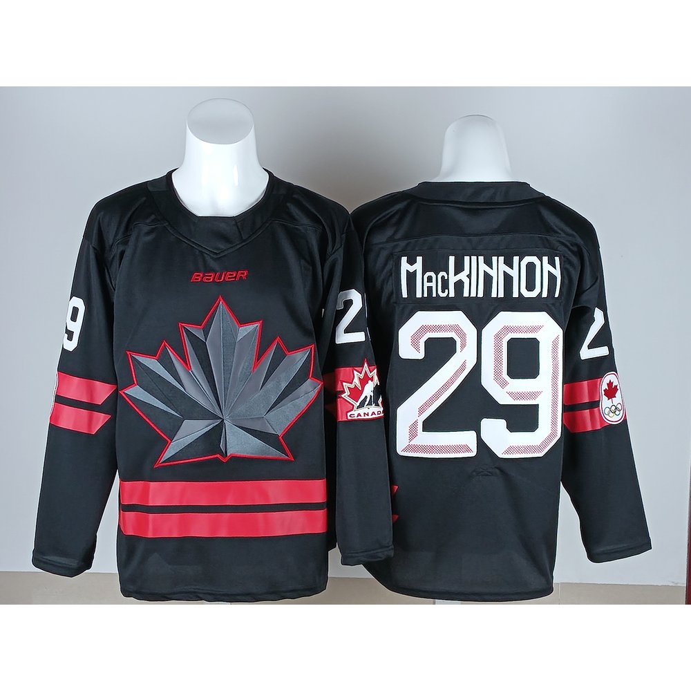 Men's Canada Hockey #29 Nathan MacKinnon Black 2026 Away Replica Jersey