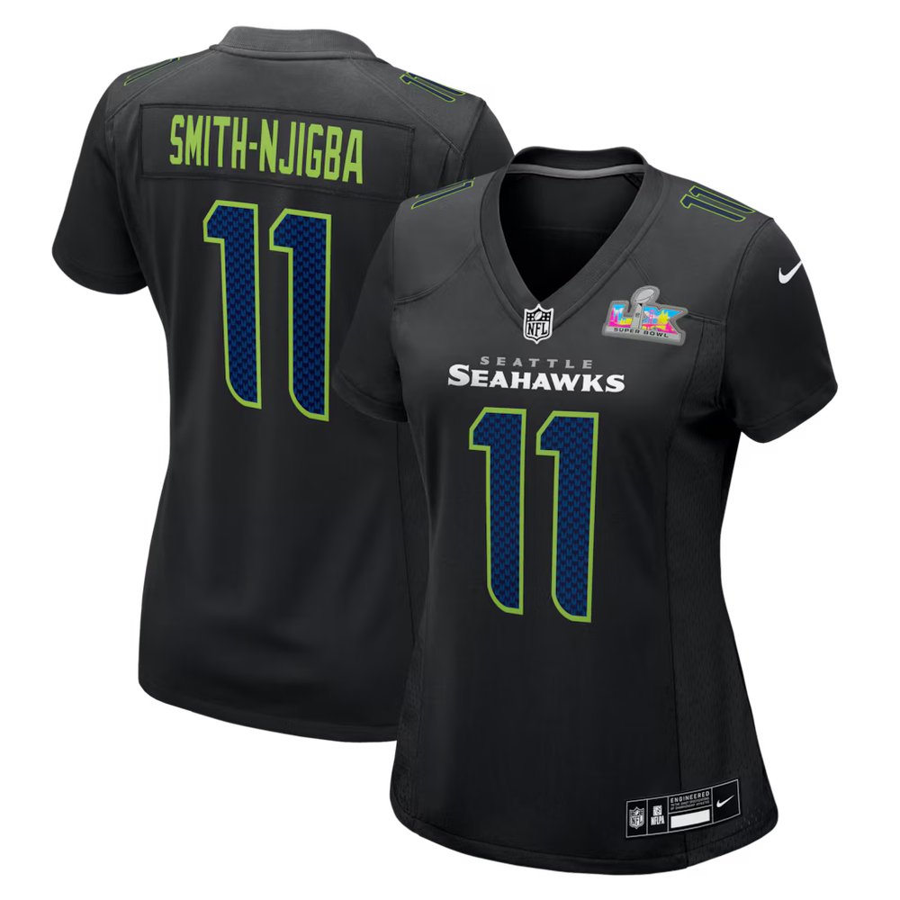 Women's Seattle Seahawks #11 Jaxon Smith-Njigba Black Super Bowl LX Patch Carbon Fashion Game Jersey