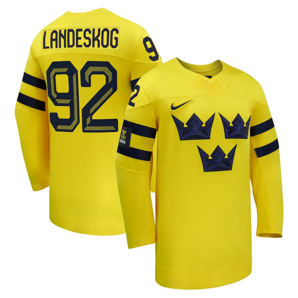 Men's Sweden Hockey #92 Gabriel Landeskog Yellow 2026 Away Replica Jersey Men's Sweden Hockey #92 Gabriel Landeskog Yellow 2026 Away Replica Jersey