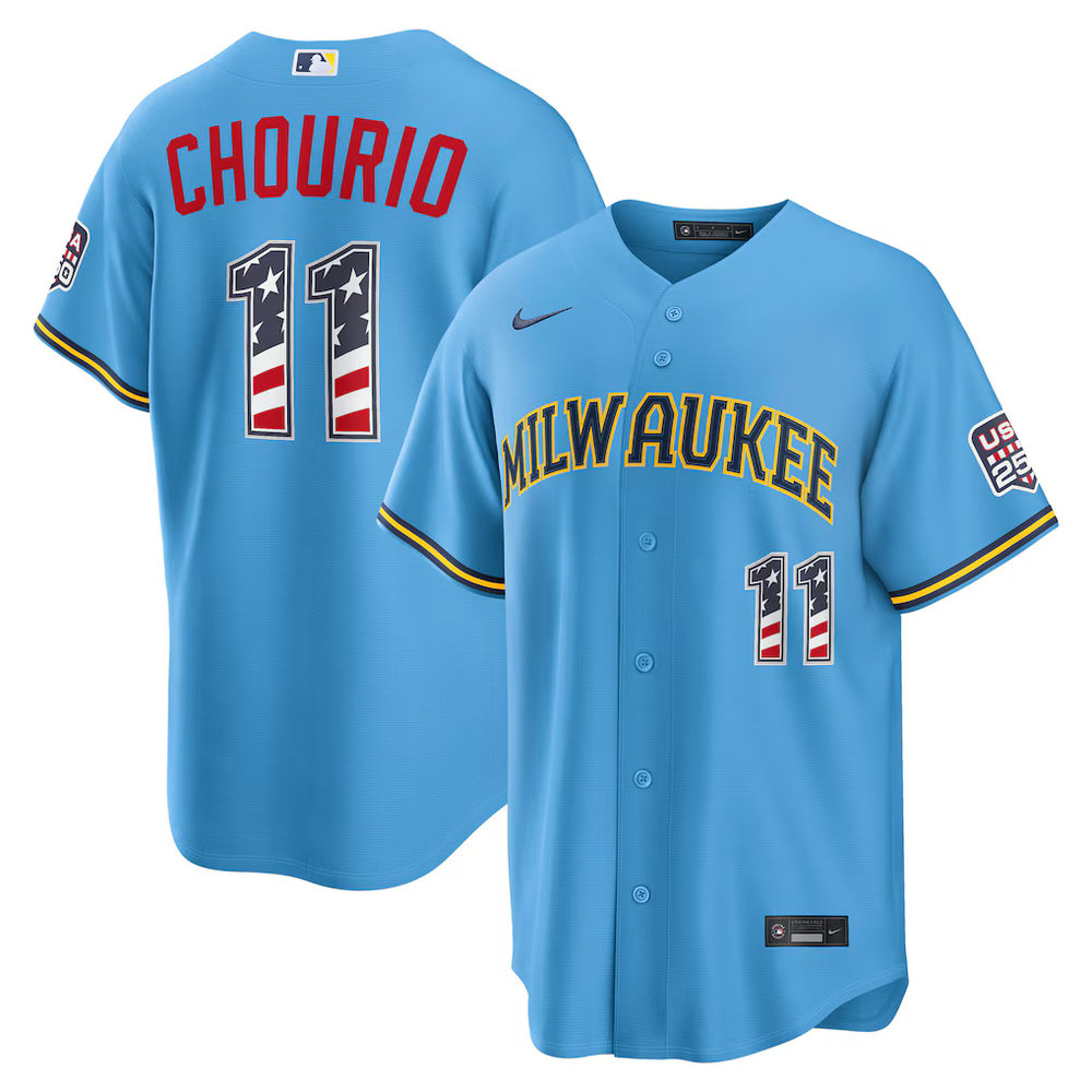 Men's Milwaukee Brewers #11 Jackson Chourio Nike Light Blue USA 250 Fourth of July Road Stadium Jersey