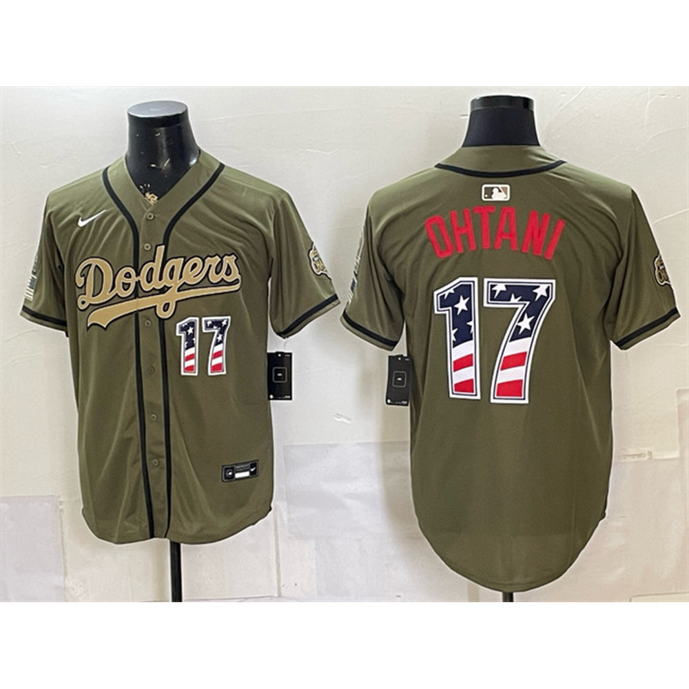 Men's Los Angeles Dodgers #17 Shohei Ohtani Olive 2026 Armed Forces Day 250 Fourth of July Stitched Baseball Jersey