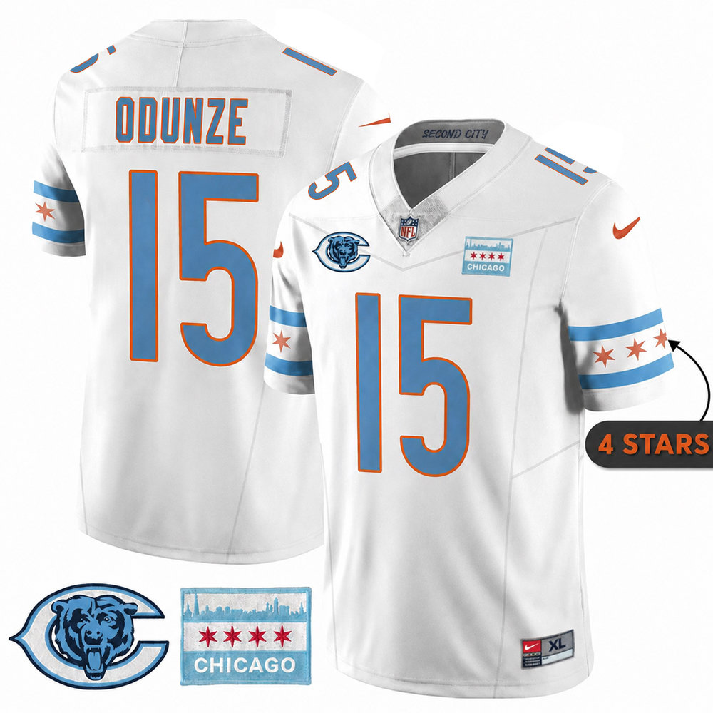 Youth Chicago Bears #15 Rome Odunze White City Edition With Chicago Flag Vapor F.U.S.E. Untouchable Limited Jersey