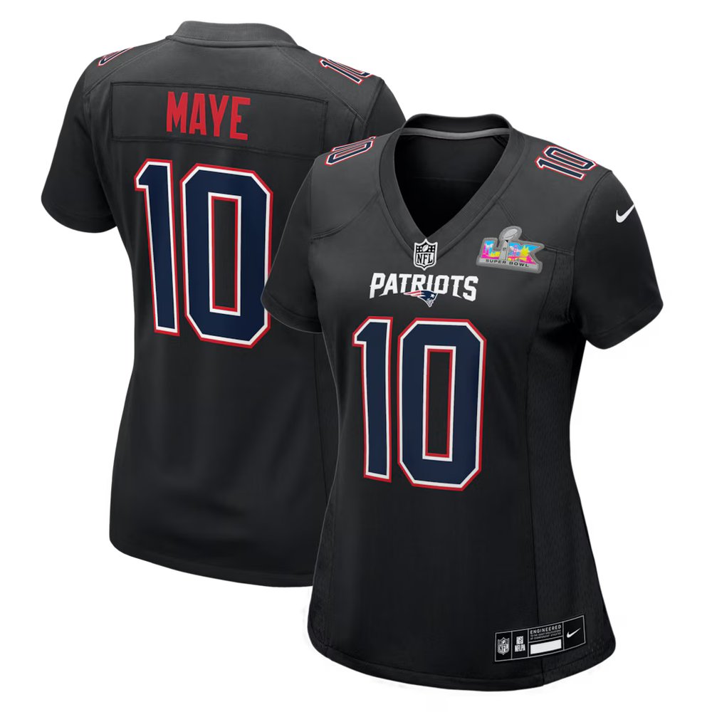 Women's New England Patriots #10 Drake Maye Black Super Bowl LX Patch Carbon Fashion Game Jersey