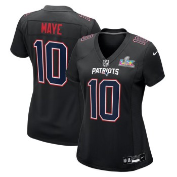 Women's New England Patriots #10 Drake Maye Black Super Bowl LX Patch Carbon Fashion Game Jersey Women's New England Patriots #10 Drake Maye Black Super Bowl LX Patch Carbon Fashion Game Jersey
