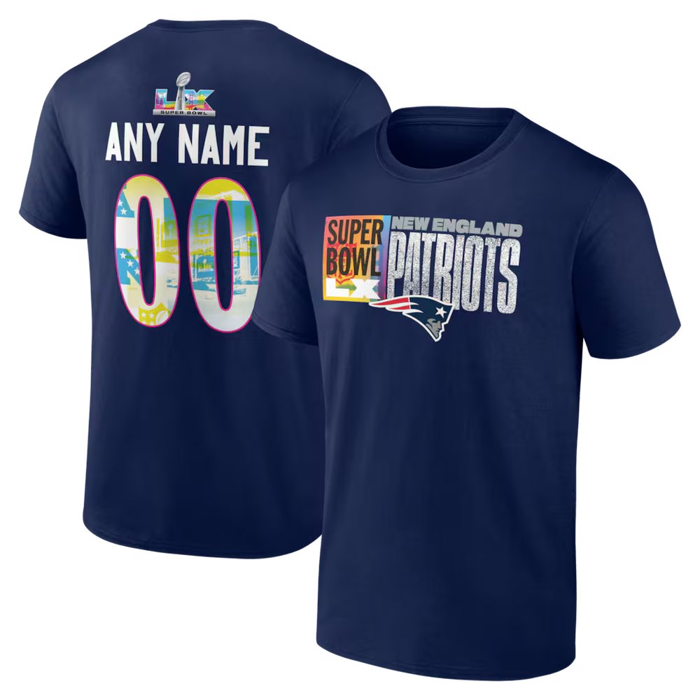 Men's New England Patriots Navy Super Bowl LX Custom Name & Number T-Shirt Men's New England Patriots Navy Super Bowl LX Custom Name & Number T-Shirt