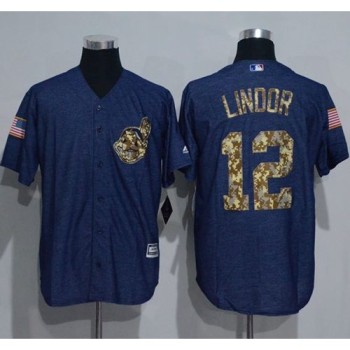 indians #12 Francisco Lindor Denim Blue Salute to Service Stitched MLB Jersey