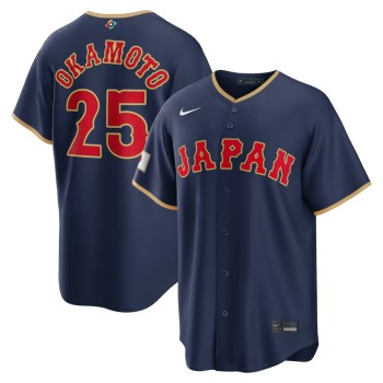Men's Japan Baseball #25 Kazuma Okamoto Navy 2026 World Baseball Classic Road Stadium Jersey