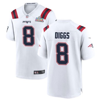 Youth New England Patriots #8 Stefon Diggs White Super Bowl LX Patch Game Jersey