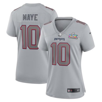 Women's New England Patriots #10 Drake Maye Silver Super Bowl LX Patch Atmosphere Fashion Game Jersey Women's New England Patriots #10 Drake Maye Silver Super Bowl LX Patch Atmosphere Fashion Game Jersey