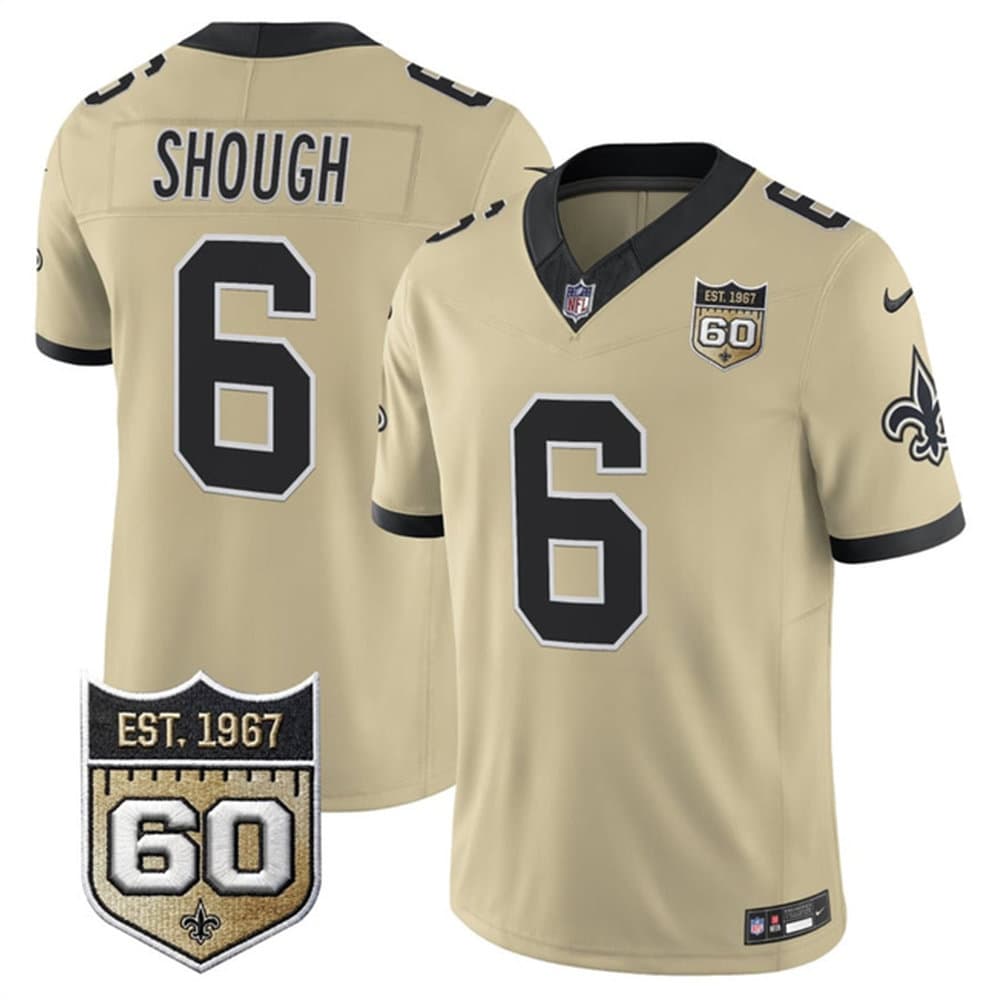 Men's New Orleans Saints #6 Tyler Shough Gold 2026 60th Anniversary Patch Vapor F.U.S.E Limited Jersey Men's New Orleans Saints #6 Tyler Shough Gold 2026 60th Anniversary Patch Vapor F.U.S.E Limited Jersey