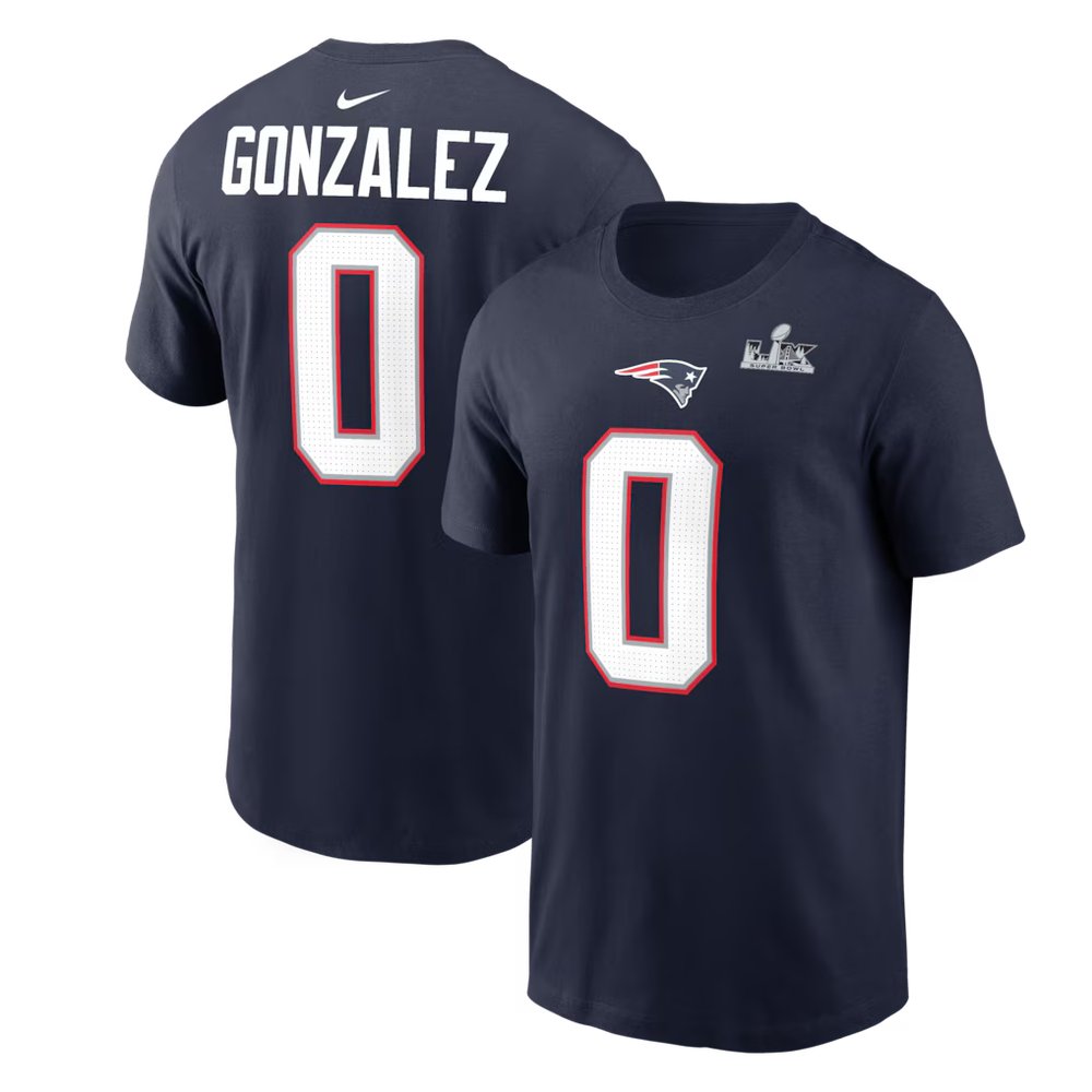 Men's New England Patriots #0 Christian Gonzalez Navy Super Bowl LX Patch Name & Number T-Shirt Men's New England Patriots #0 Christian Gonzalez Navy Super Bowl LX Patch Name & Number T-Shirt
