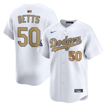 Men's Los Angeles Dodgers #50 Mookie Betts White 2025 Gold Collection Limited Jersey Men's Los Angeles Dodgers #50 Mookie Betts White 2025 Gold Collection Limited Jersey