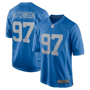 Men's Detroit Lions #97 Aidan Hutchinson Blue Player Game Jersey Men's Detroit Lions #97 Aidan Hutchinson Blue Player Game Jersey