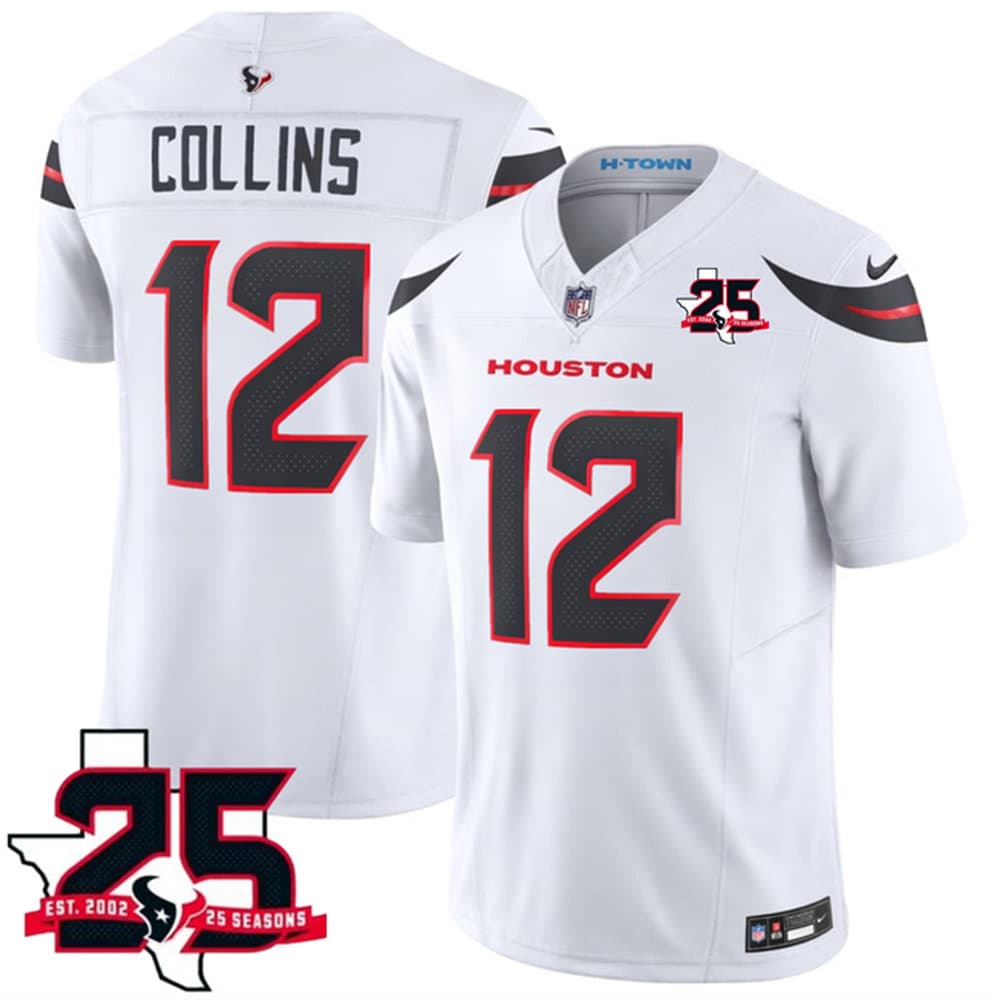 Men's Houston Texans #12 Nico Collins White 2026 25th Anniversary Patch Vapor F.U.S.E. Limited Jersey