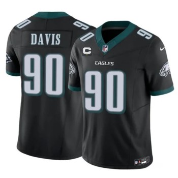 Youth Philadelphia Eagles #90 Jordan Davis Black 2025 1-Star C Patch Throwback Vapor F.U.S.E. Untouchable Limited Jersey