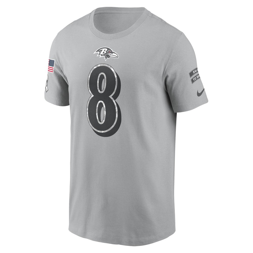 Men's Baltimore Ravens Lamar Jackson Gray 2024 Salute To Service Name & Number T-Shirt